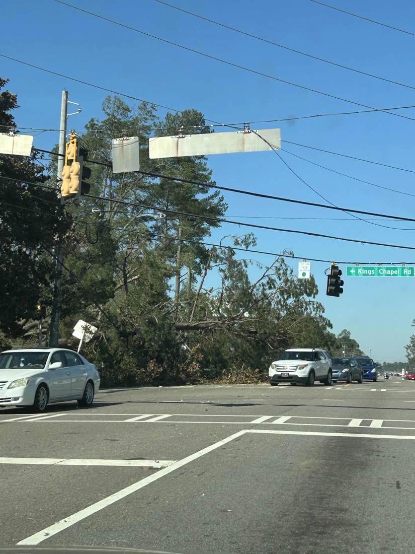 Fallen trees and a damaged traffic signal on a street in Columbia and Richmond County, Georgia following Hurricane Helene, September 2024